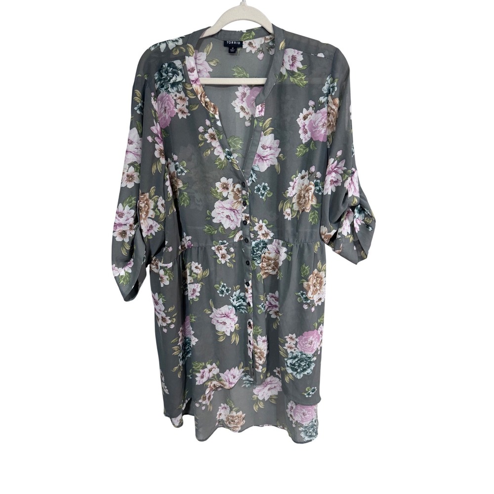 Torrid 3X Gray Emma Floral Button Up Hi-Lo Tunic Women's Chiffon Roll Tab Sleeve